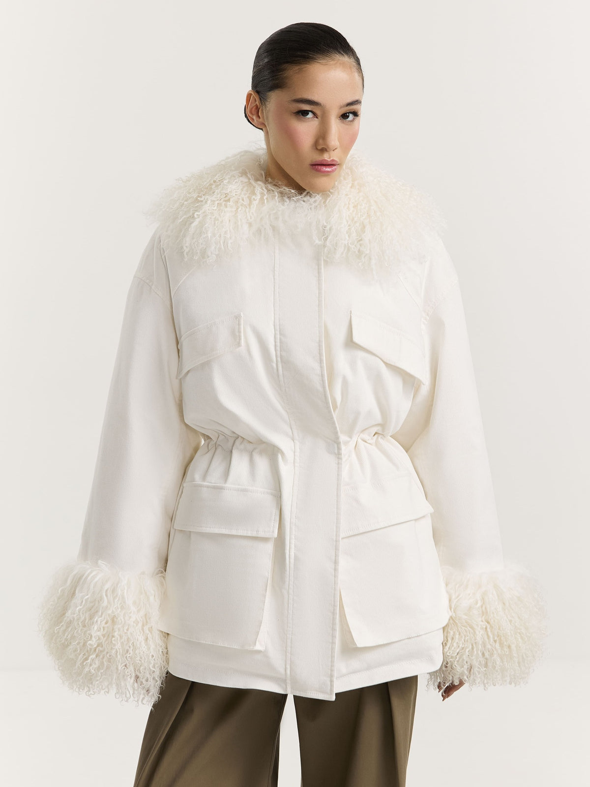 Corduroy parka with llama fur