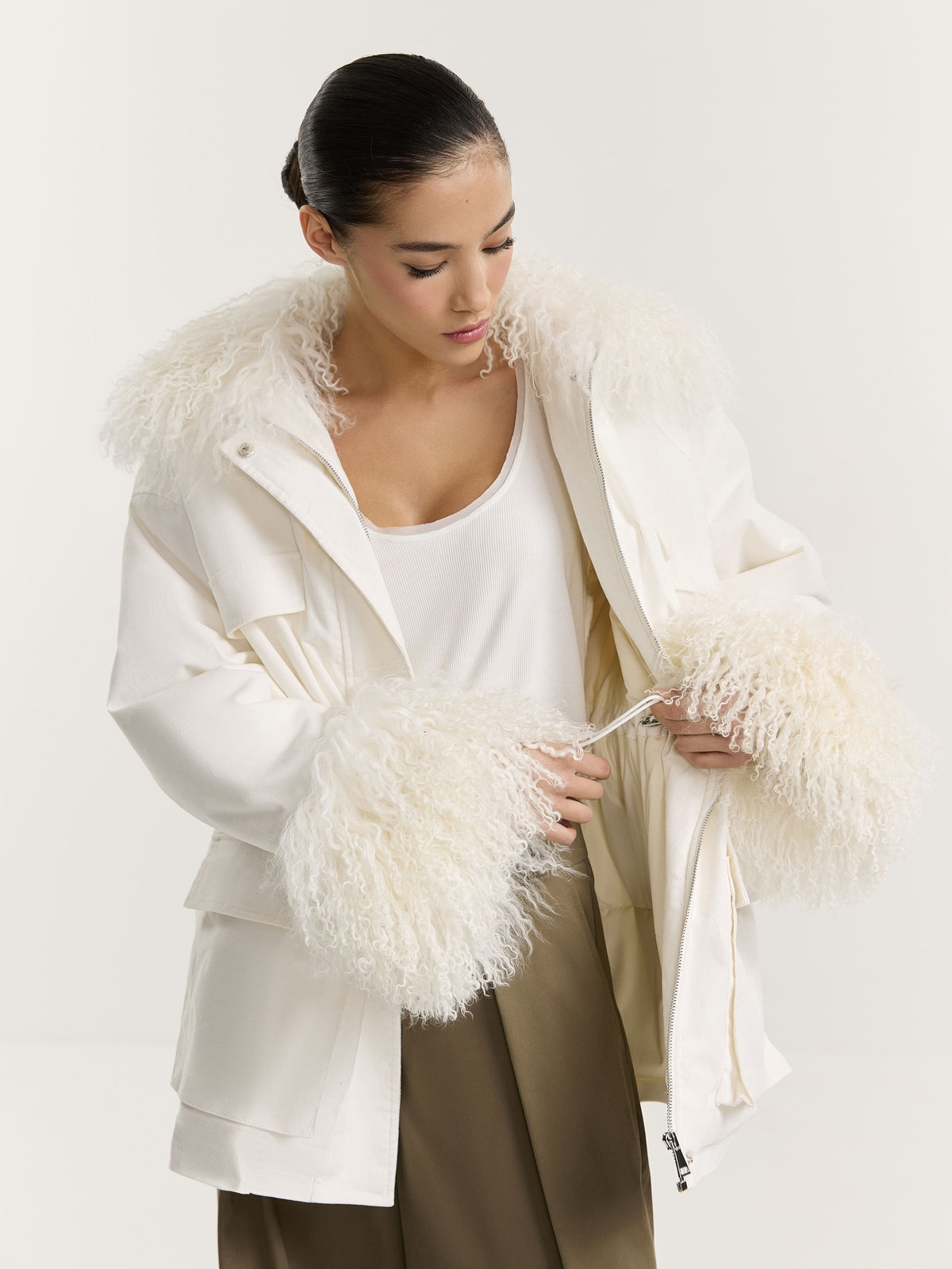 Corduroy parka with llama fur